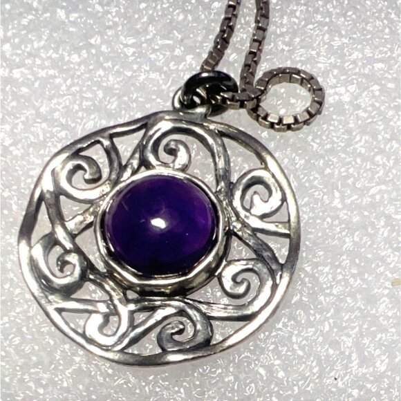 Didac Israel Silver Filigree Pendant Amethyst Cabochon 18” Italian Box Chain Vtg - Picture 1 of 14